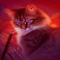 image showing a cat with light blue eyes and red background light with a dark blue pixel in the ear
